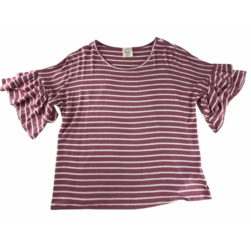Fantastic Fawn Women's Small Mauve White Striped Ruffle Flutter Sleeve Top EUC